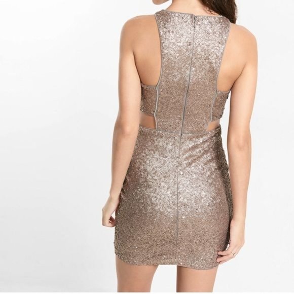 EXPRESS Gold Sequin Cutout Bodycon Mini Dress sz 6 Women's Cocktail Evening - Picture 2 of 8